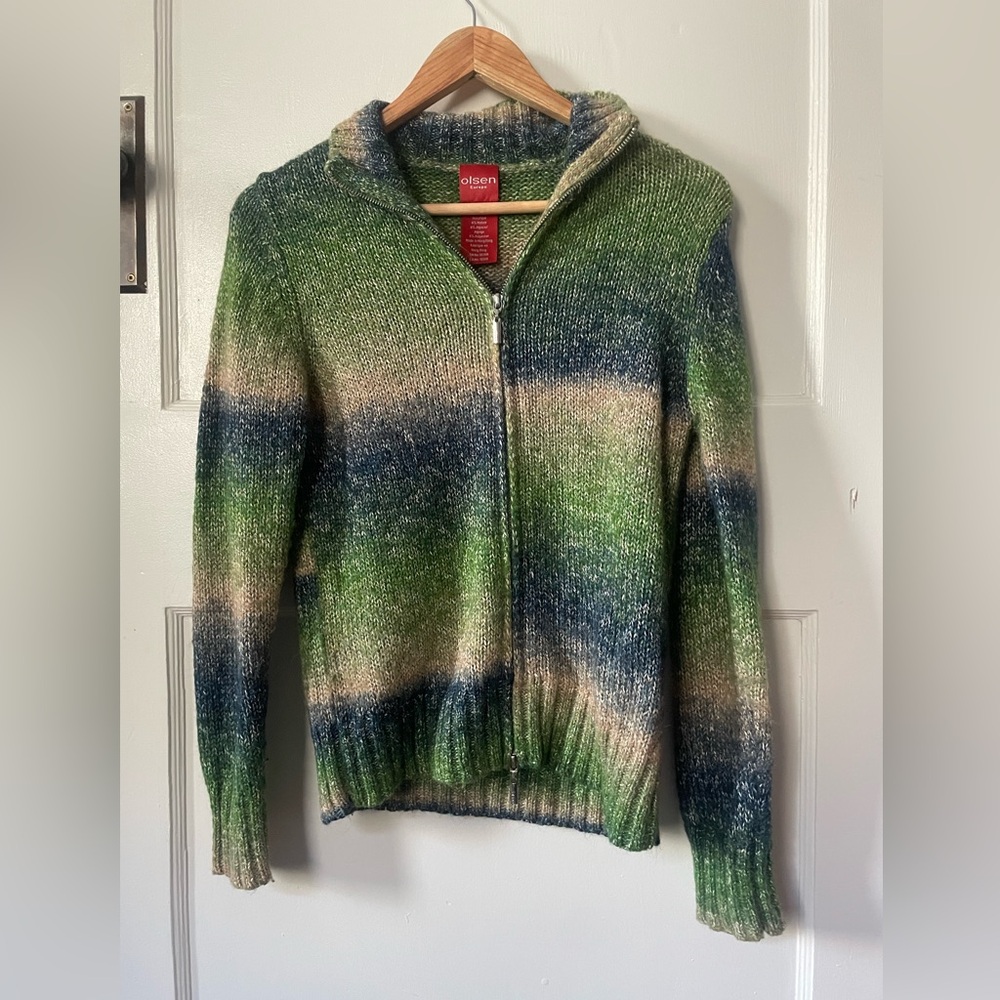 Olsen silk blend double zipper tri-coloured cardigan-Small - Picture 1 of 10